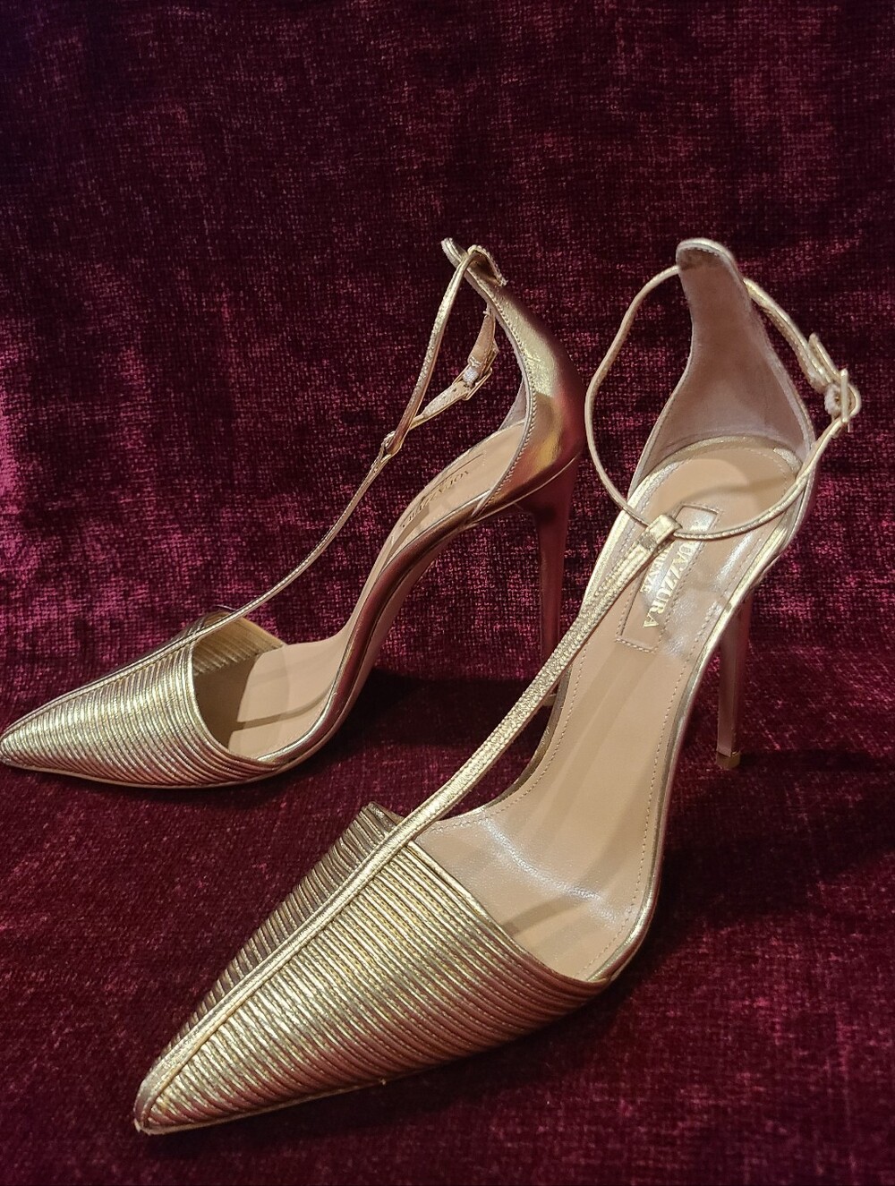 Aquazzura Metallic Strappy Gold Leather Pointed Toe Stiletto Heels Size 8 - Picture 6 of 15